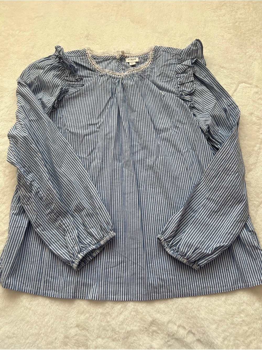 J. Crew Blue and White Striped Ruffle-Shoulder Blouse size large